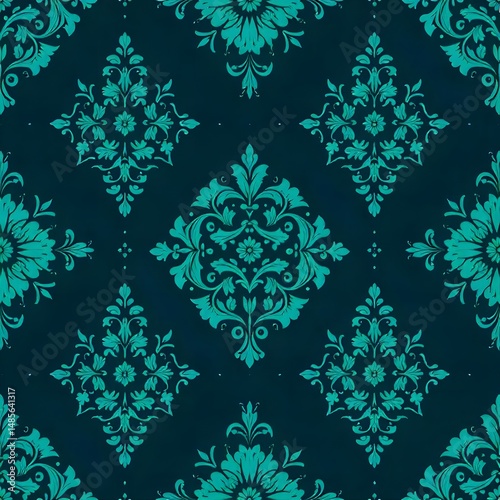 Dark Teal Ornamental Pattern Background: Vintage Style Floral Wallpaper Texture,  Elegant Repeat Design