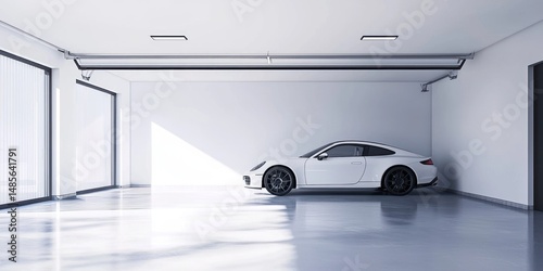 Minimalist garage with white walls and a single parked car