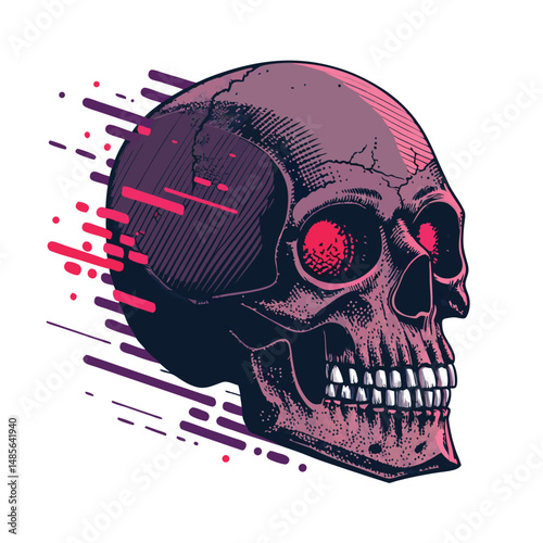 Generate a digital art image of a skull head composed of glitching, distorted pixels, featuring vibrant red eyes and a predominantly black color scheme.