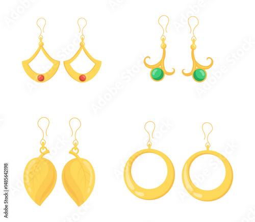 Set Luxury fashion icons. Gemstone and bracelet, brooch and trinket, emerald 