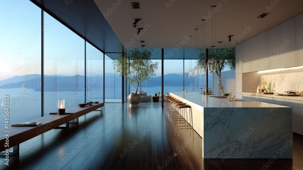Obraz premium Luxury Coastal Kitchen with Panoramic Ocean View