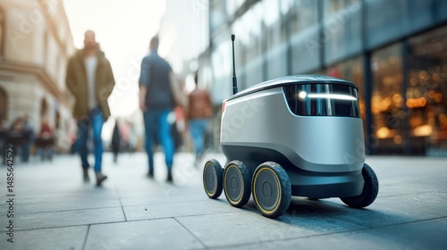 Wallpaper Mural A delivery robot moves on a city sidewalk, blurred pedestrians in the background hint at urban life. The autonomous vehicle navigates, indicating the future. Torontodigital.ca