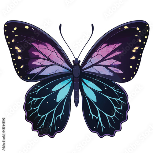 Render a gothic butterfly with cracked, decaying wings, illuminated by vibrant neon glowing veins.  Focus on intricate detail and dark, moody aesthetic.
