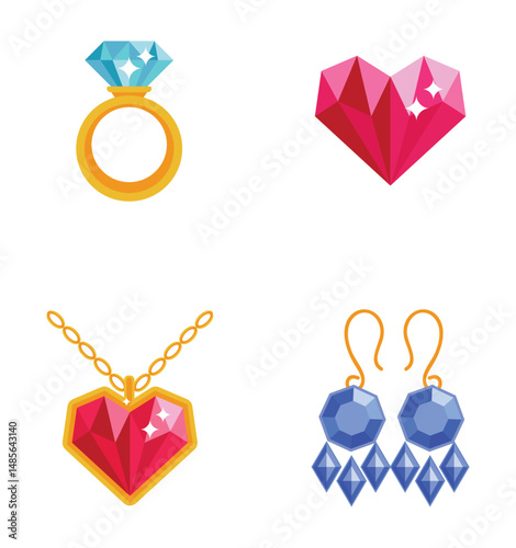 Set Luxury fashion icons. Gemstone and bracelet, brooch and trinket, emerald 