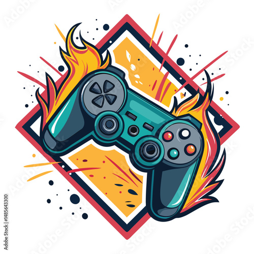 Create a vibrant graffiti-style gamer tag incorporating dual controllers and flames, styled with aggressive fonts and a chaotic energy.  Ensure high detail and intense color saturation.