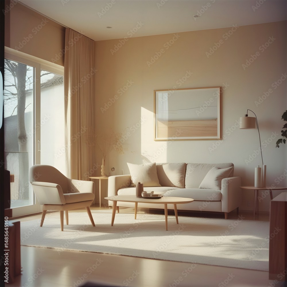 Fototapeta premium A lightfilled living room with neutral tones and modern furniture