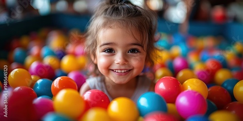Happy young girl smiling joyfully while playing in a colorful ball pit filled with red, yellow, blue, orange, and purple plastic balls