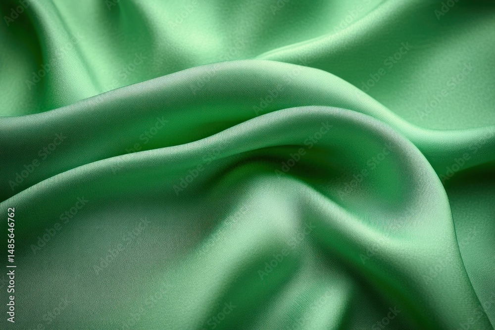 Fototapeta premium Smooth green silk fabric with gentle folds and silky texture reflecting soft light, creating elegant flowing shapes and a calming atmosphere