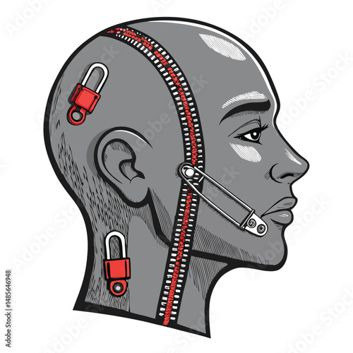 A grayscale illustration of a human head with a zippered mouth and safety pins piercing the skin, conveying a sense of suppressed emotion and vulnerability.