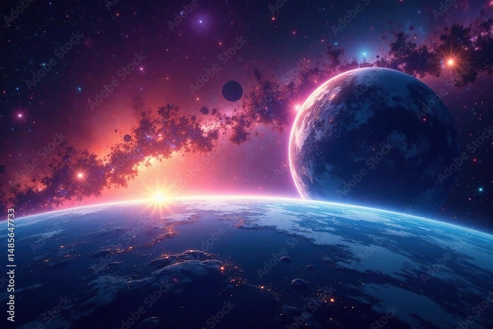 Obraz premium Stunning panoramic view of a vibrant planet against the backdrop of a vast, star-filled universe , planet, astronomical