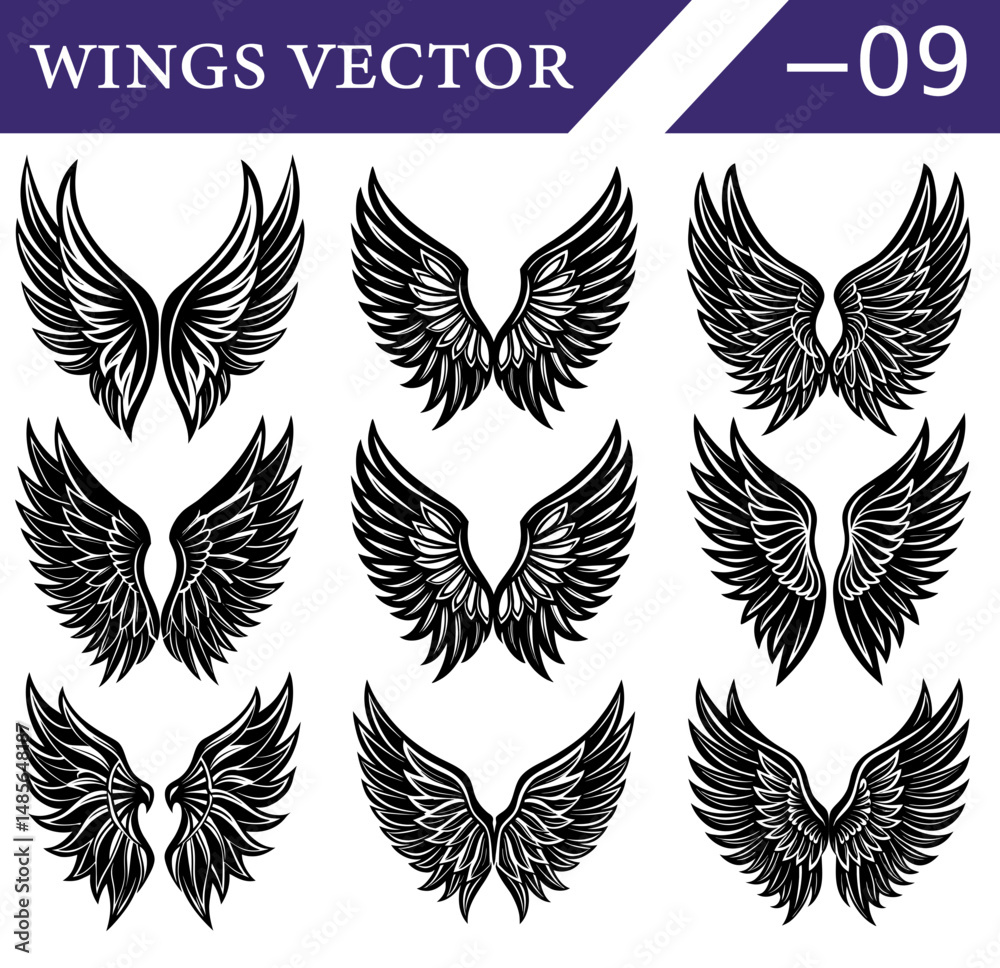 Decorative Black Wings Vector Collection – Gothic Angel and Demon Feathered Silhouettes for Tattoo Art, Fantasy Design, and Halloween Posters. Decorative Black Wings Vector Collection – Gothic Angel and Demon Feathered Silhouettes for Tattoo Art, Fantasy Design, and Halloween Posters.