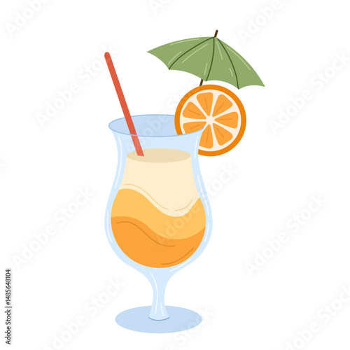 Tropical cocktail vector illustration with orange slice, green umbrella, and straw in glass, perfect for summer party invitations, beach bar menus, holiday drink designs, and refreshing beverage promo