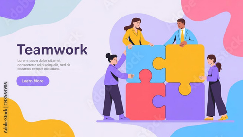 vector illustration diverse professionals collaborating by assembling large puzzle pieces. collaboration, creativity, and unity concept