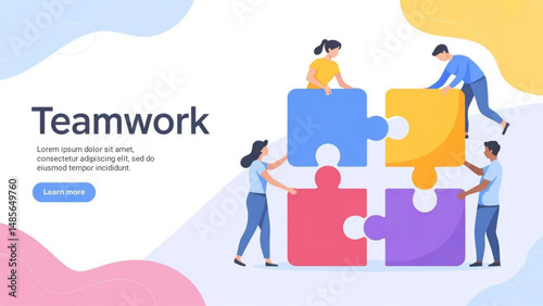 vector illustration diverse professionals collaborating by assembling large puzzle pieces. collaboration, creativity, and unity concept