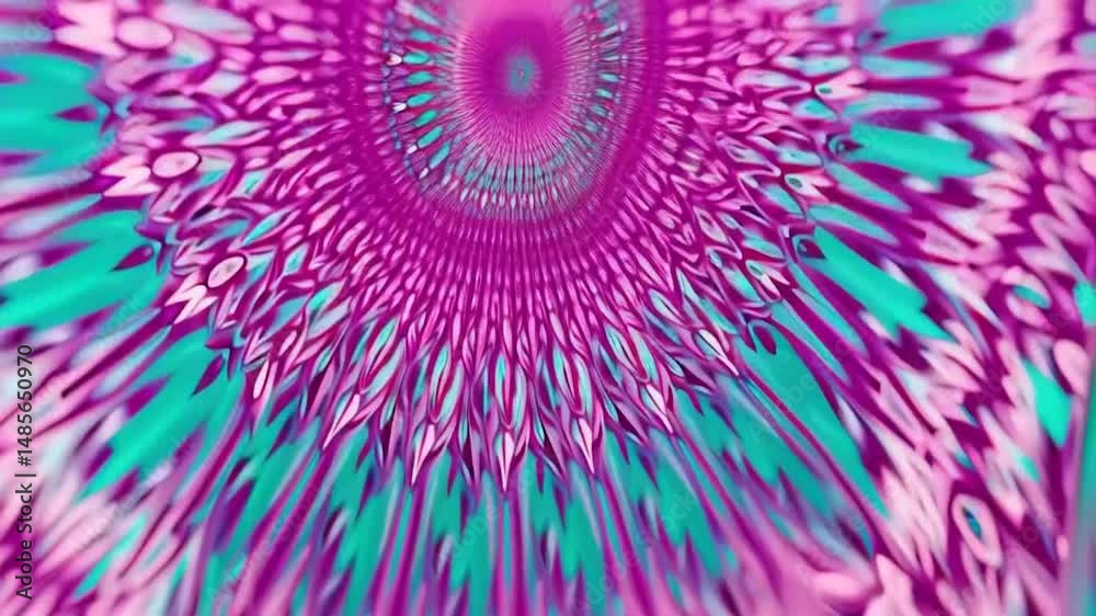 Looping abstract background featuring magenta and teal geometric fractals mirrored symmetrically. Framed with reflective elements that enhance depth and dimension, creating a vibrant, futuristic, and 