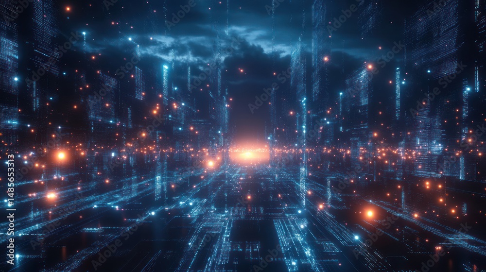 Fototapeta premium Futuristic glowing digital cityscape with blue and orange lights and a central bright horizon under a cloudy sky at dusk