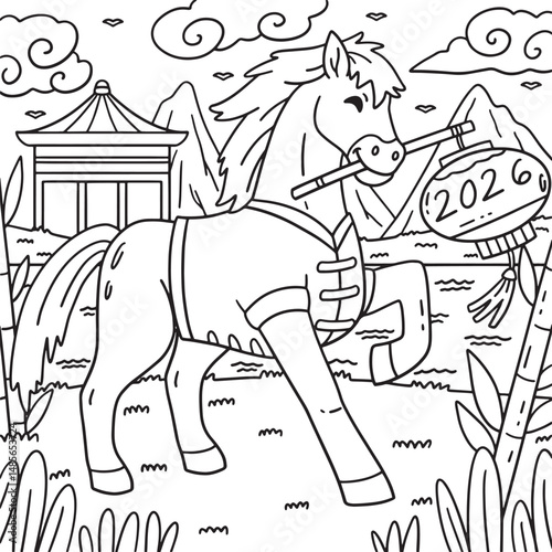 Year of the Horse 2026 and Lantern Coloring Page 