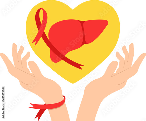 World hepatitis day illustration. Liver, hepar, globe ribbon for hepatitis disease awarness. Vector isolated.
