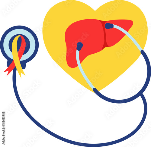 World hepatitis day illustration. Liver, hepar, globe ribbon for hepatitis disease awarness. Vector isolated.