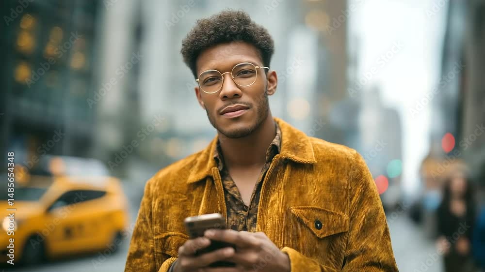 A fashionable man browsing his phone amidst the hustle and bustle of New York City streets.