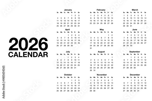 Simple calendar for 2026 starts on Sunday