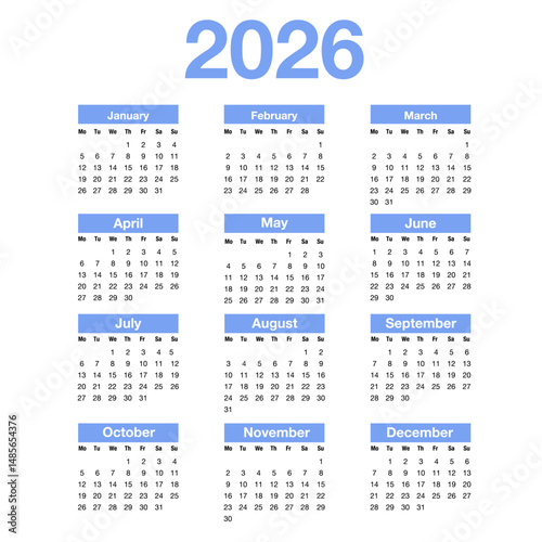 Simple vertical calendar for 2026 starts on Monday