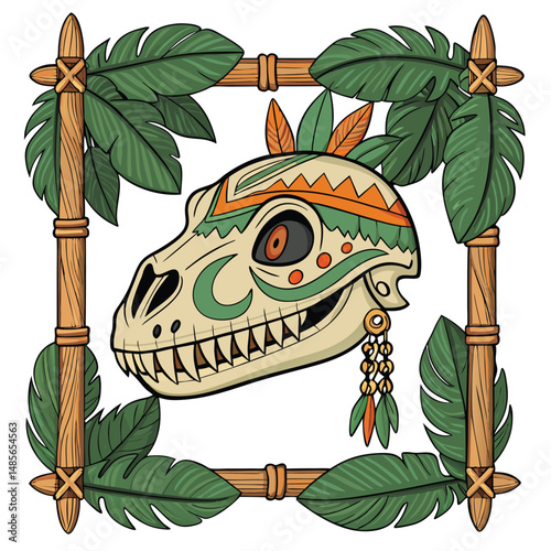 A detailed close-up of a lizard skull adorned with vibrant tribal face paint and dangling bone earrings, set against a dark background.