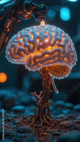 unique and imaginative sculpture of brain shaped lamp, glowing softly with intricate details, set natural base. combination of organic