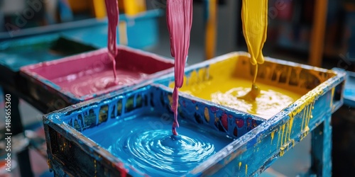 Paint being poured into mixing tray