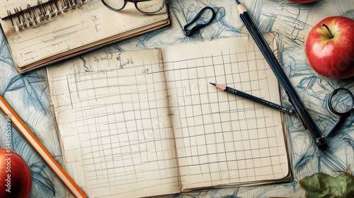 Vintage grid notebook, pencils, and apples on a sketched background.  A quiet, studious atmosphere.