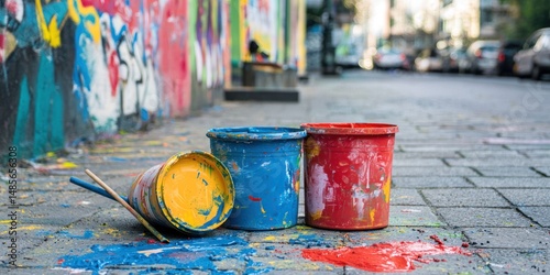 Paint supplies on sidewalk in urban area