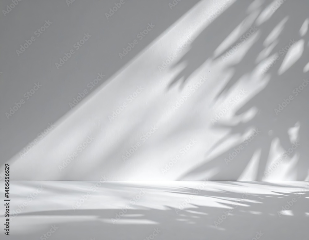 A textured white wall illuminated by soft, diffused light, casting intricate shadows that create a dynamic interplay of light and dark patterns.