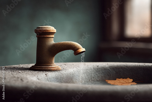 Rustic faucet with dripping water and leaf in sink. Symbolizes decay, change, and the passage of time. Evokes feelings of nostalgia and impermanence.