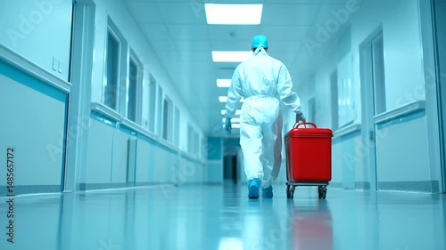 Wallpaper Mural A hospital corridor bathed in cool fluorescent light, as a masked surgeon walks purposefully with a red organ transport cooler, signifying the delicate nature of transplantation. Torontodigital.ca