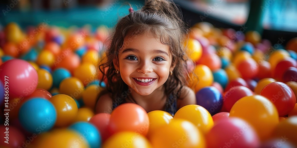 Fototapeta premium Smiling young girl playing happily in a colorful ball pit filled with orange, yellow, blue, and red balls