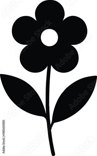 Minimal black floral silhouette featuring a five petal flower with stem and two bold leaves