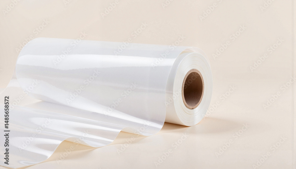 Transparent film roll on minimal backdrop, clean aesthetic Transparent film roll on minimal backdrop, clean aesthetic