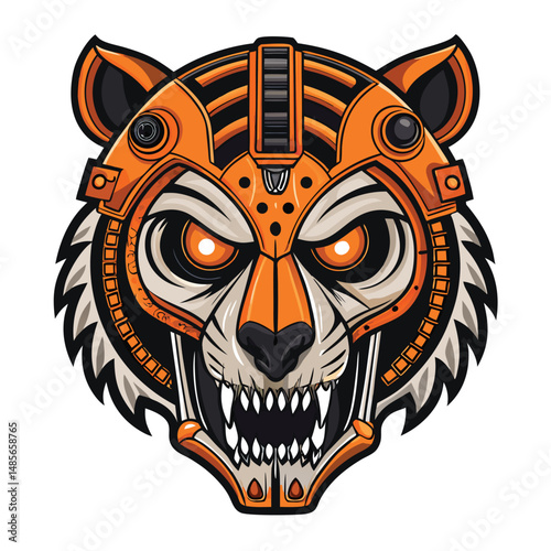 Create a detailed image of a mechanical tiger skull, featuring a piston-driven jaw and glowing internal mechanisms.  Render with intricate detail and a steampunk aesthetic.
