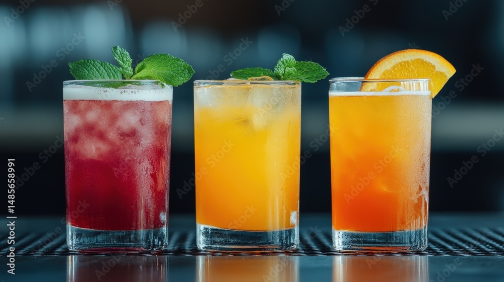 Five Assorted Cocktails on Bar Counter During Late Afternoon Light with Fresh Ingredients and Vibrant Colors Five Assorted Cocktails on Bar Counter During Late Afternoon Light with Fresh Ingredients and Vibrant Colors