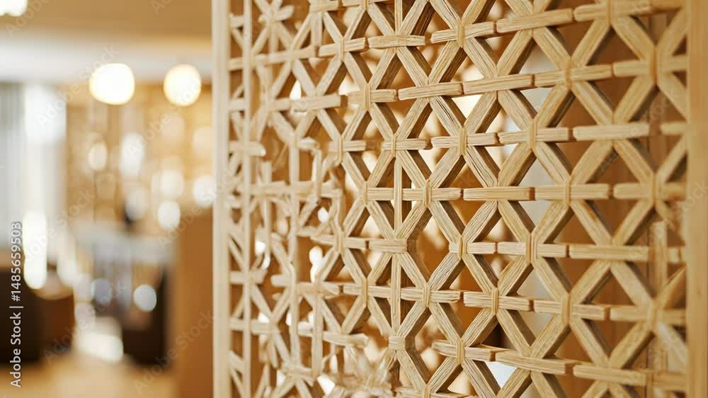 Intricate wooden lattice screen, geometric pattern, light wood, room divider
