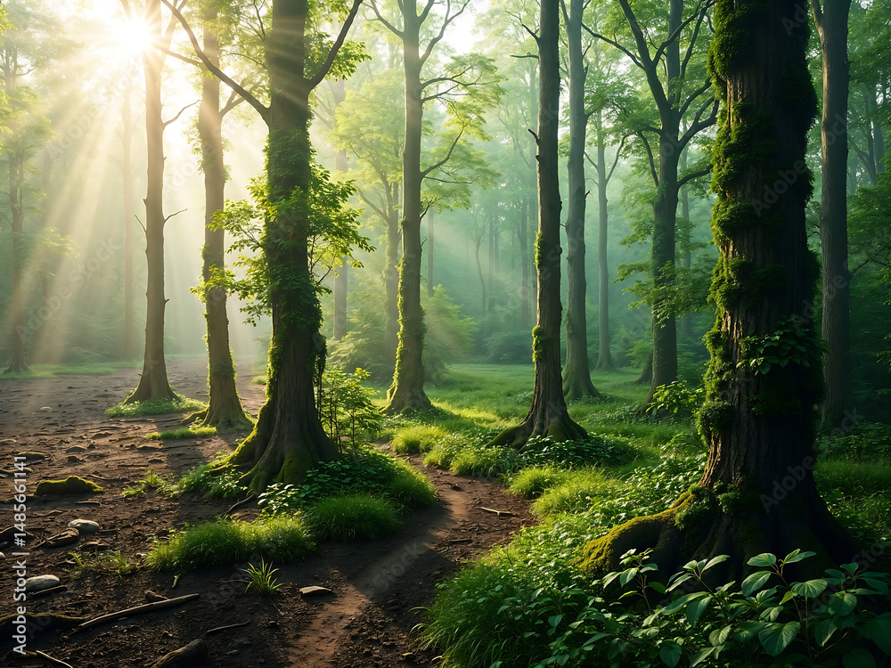 Obraz premium Sunlight streaming through lush green forest in morning 