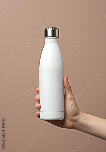 A hand gently holds a sleek, white, 500ml stainless steel water bottle, its silver cap gleaming against a soft, light brown backdrop, in a simple yet elegant composition focused on hydration
