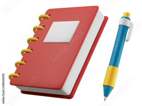 Notepad and ballpoint pen 3d vector illustration isolated on a white background.
