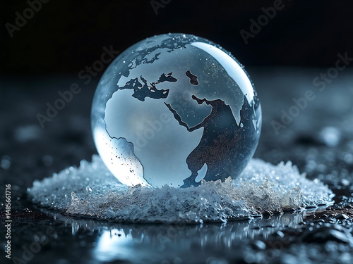 Crystal glass Earth globe melting on ice in dark background
