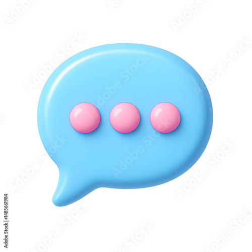 3D blue speech bubble with three pink dots, symbolizing typing, messaging, live chat, or social conversation
