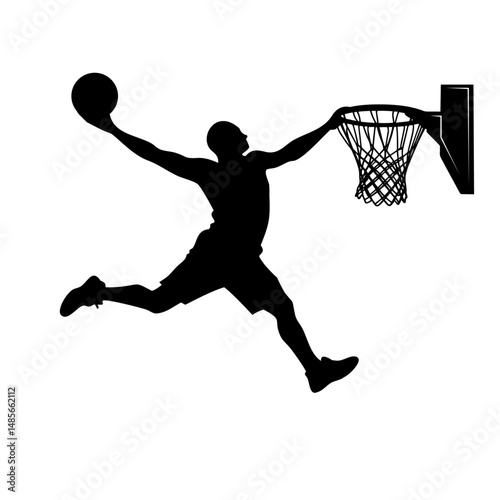 A male Basketball sports player vector silhouette slam dunk, scoring the ball into the net, Solid white background