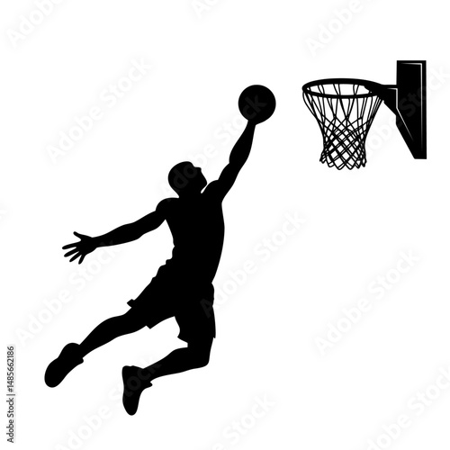 A male Basketball sports player vector silhouette slam dunk, scoring the ball into the net, Solid white background