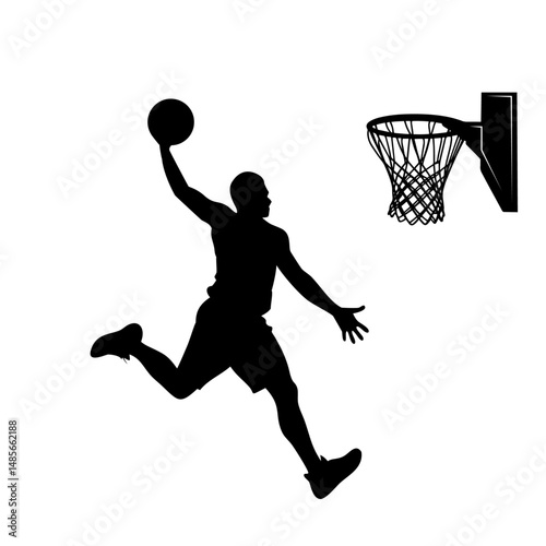 A male Basketball sports player vector silhouette slam dunk, scoring the ball into the net, Solid white background