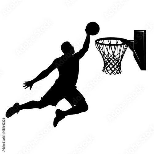 A male Basketball sports player vector silhouette slam dunk, scoring the ball into the net, Solid white background