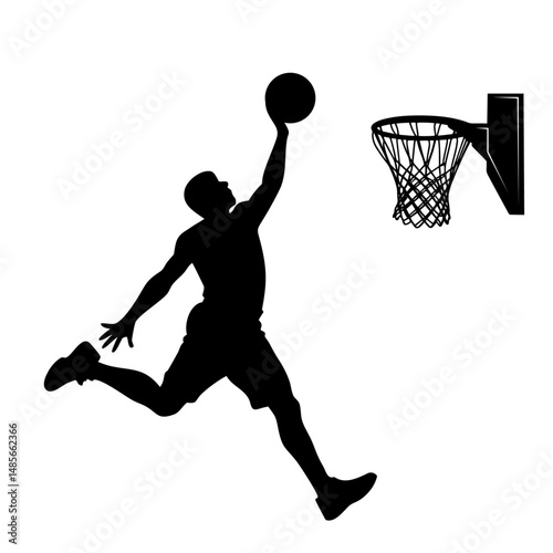 A male Basketball sports player vector silhouette slam dunk, scoring the ball into the net, Solid white background